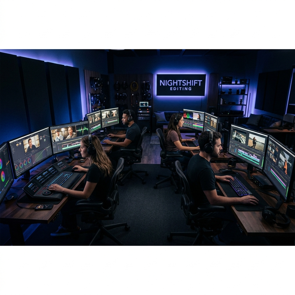 Reja's Studio video editing team working at professional workstations